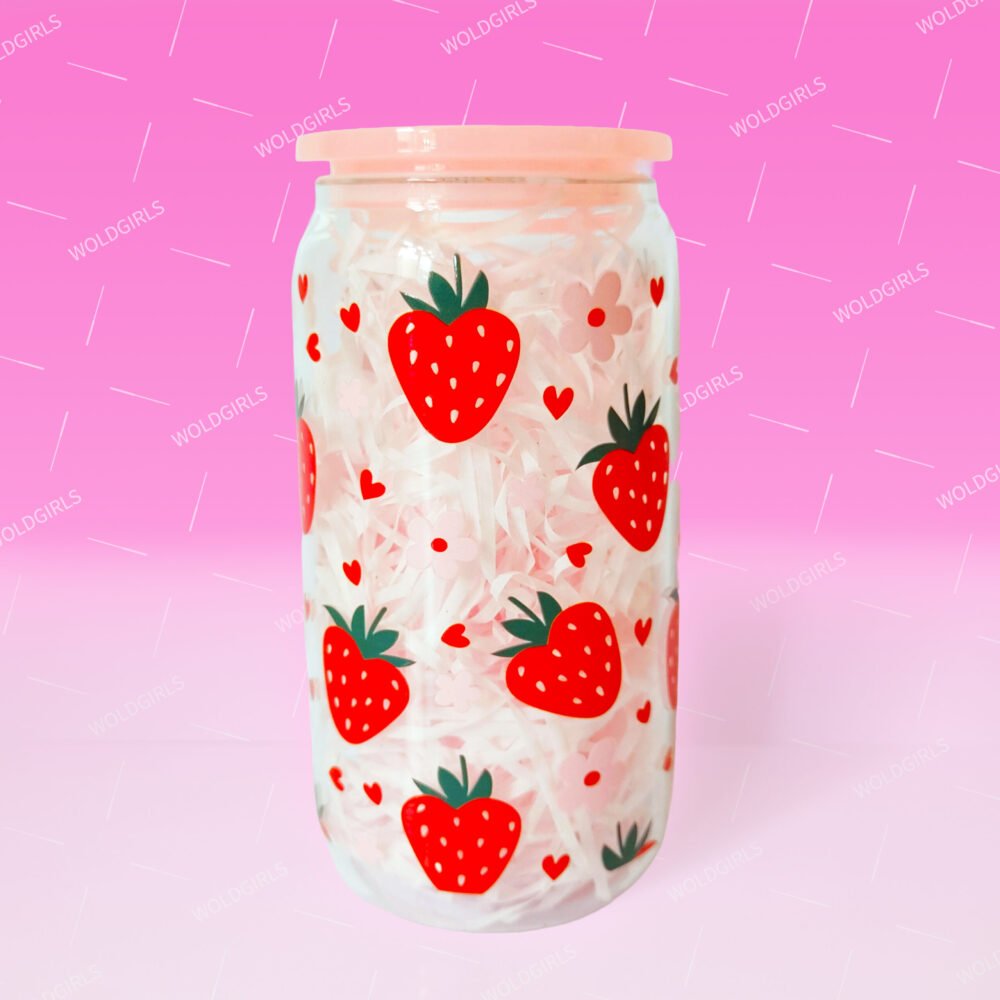 Strawberry Clear 16 oz Glass Cup